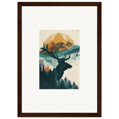 Framed wall art of a stylized deer silhouette in a serene reflection solace scene