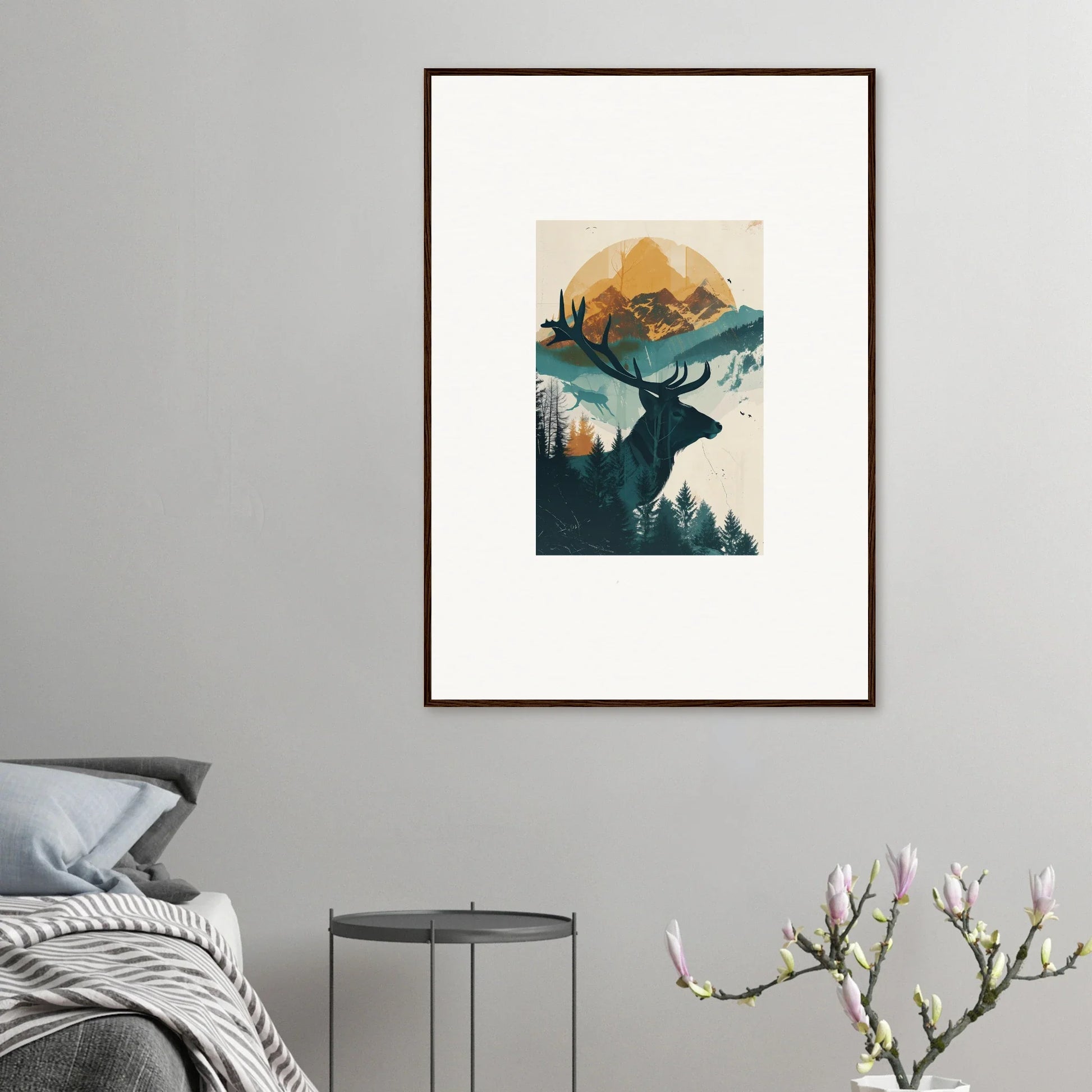 Framed wall art of a stylized deer silhouette for serene reflection solace room decor