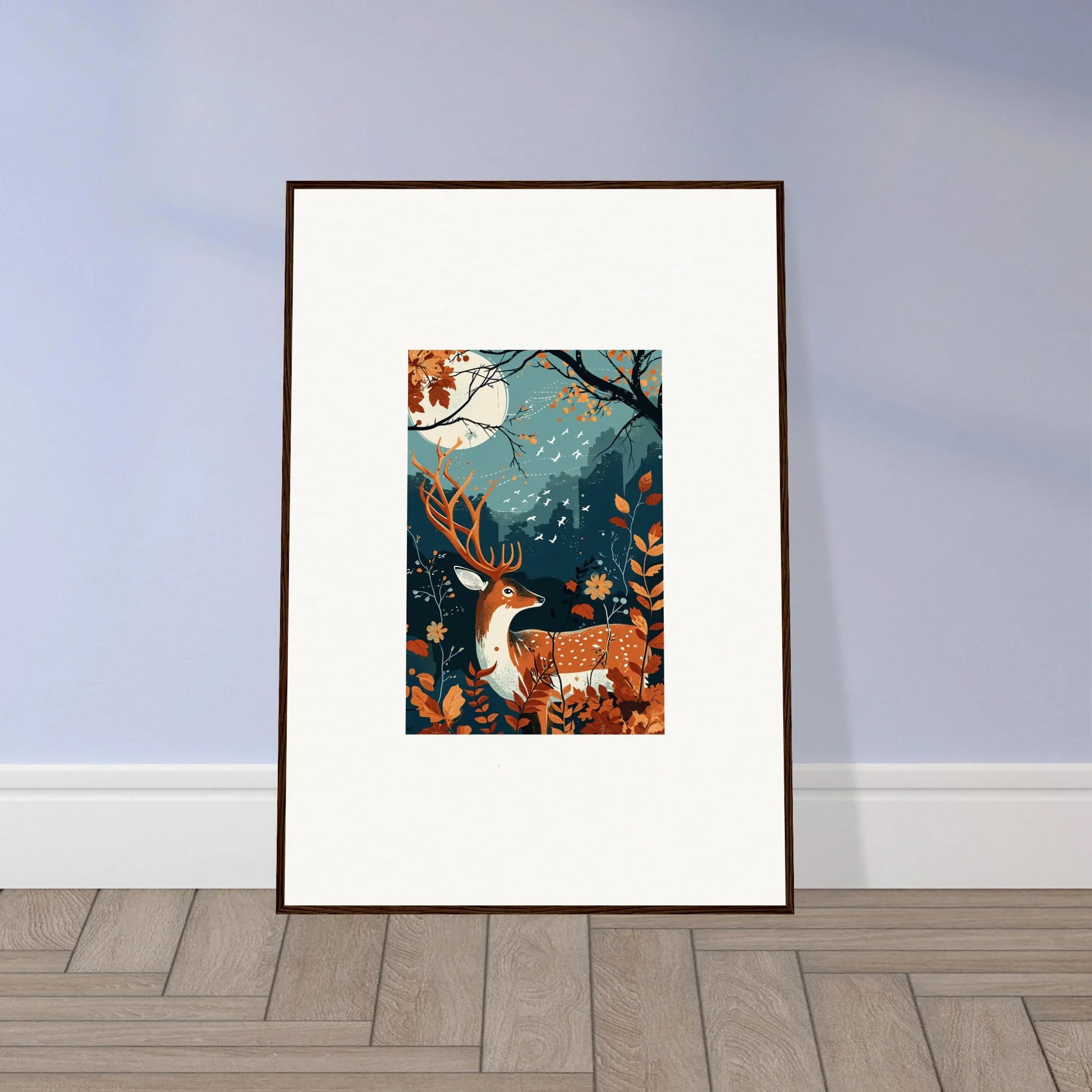 Framed wall art featuring a stylized deer in an autumn forest by Starlight Coalescence