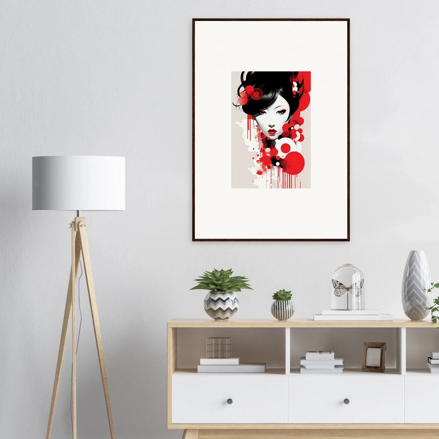 Framed wall art of a stylized female figure in abstract style for Visions Blooming room decor