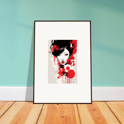 Framed wall art of a stylized female face in red and black for Visions Blooming room decor