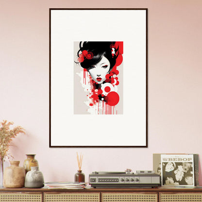 Framed wall art featuring visions blooming with a stylized female face and red accents