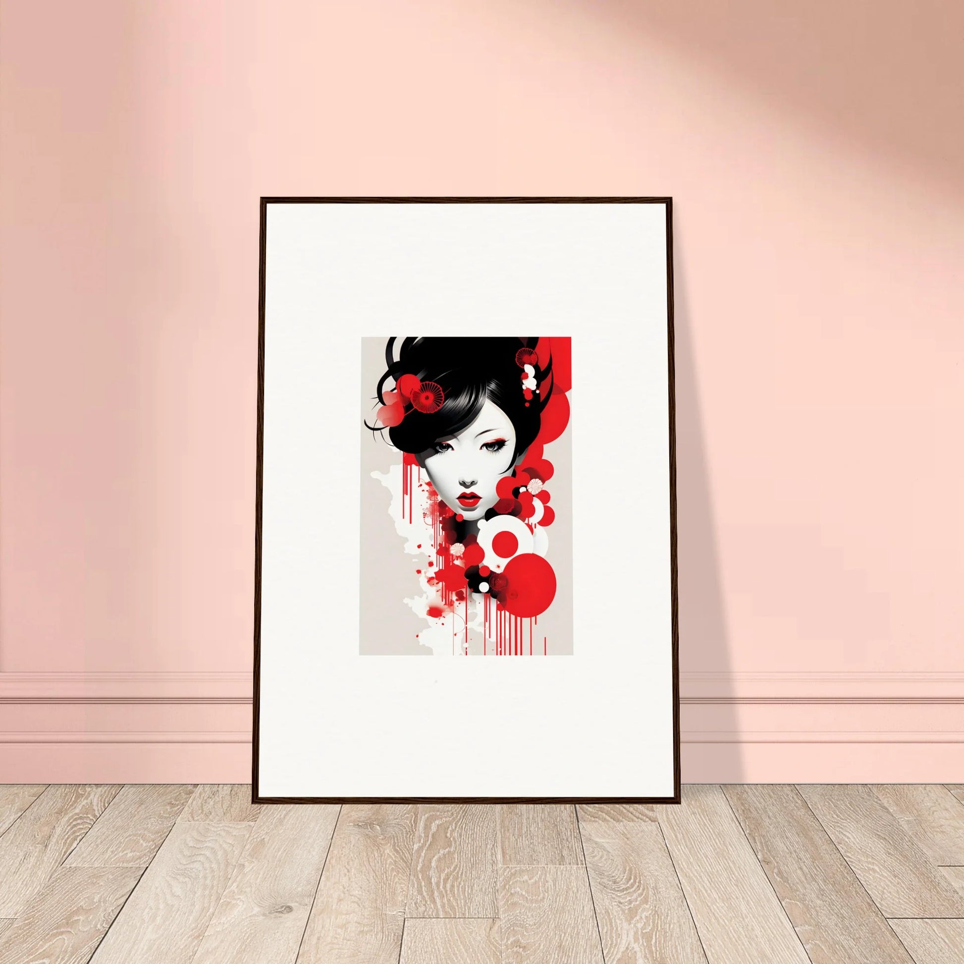 Framed wall art featuring a stylized female face in red and black for unique room decor