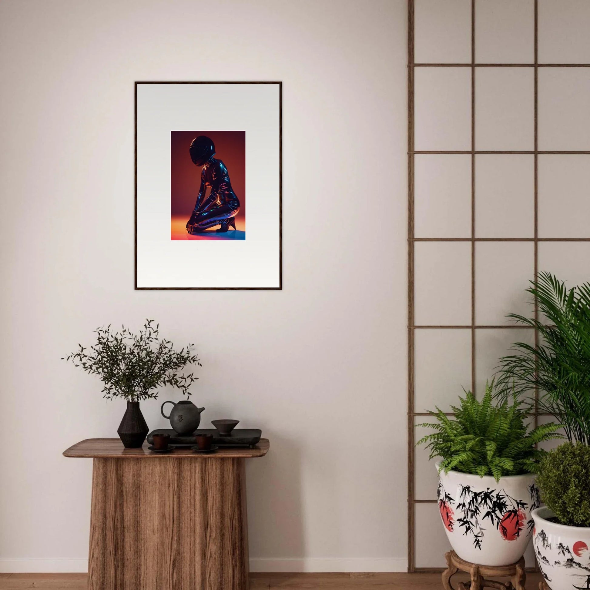 Framed wall art of a stylized seated figure, ideal night oracle room decor