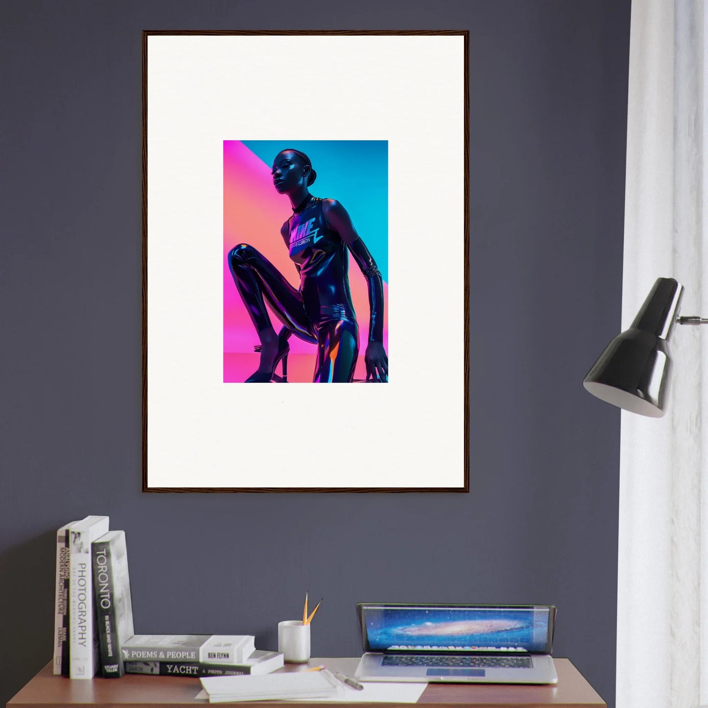 Framed wall art of a stylized figure in neon symphony blue and pink for room decor