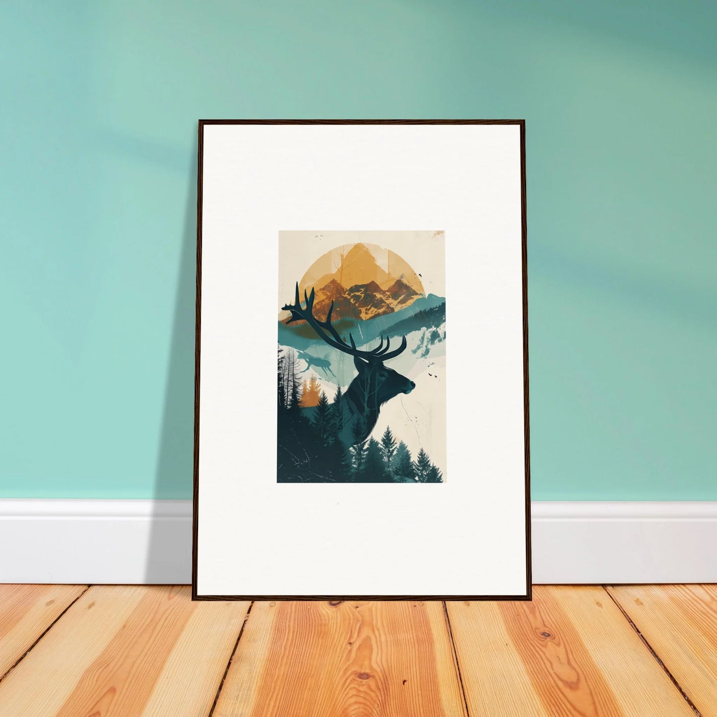 Framed wall art of a mountain landscape with deer silhouette for reflection solace room decor