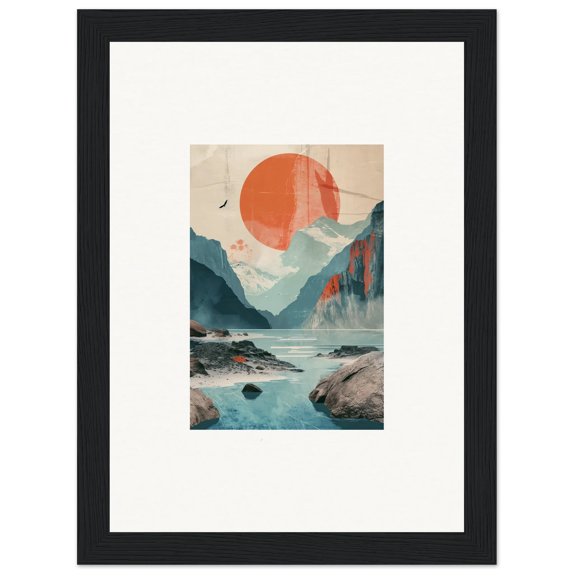 Framed wall art of a stylized mountainous landscape with sun echoes for room decor