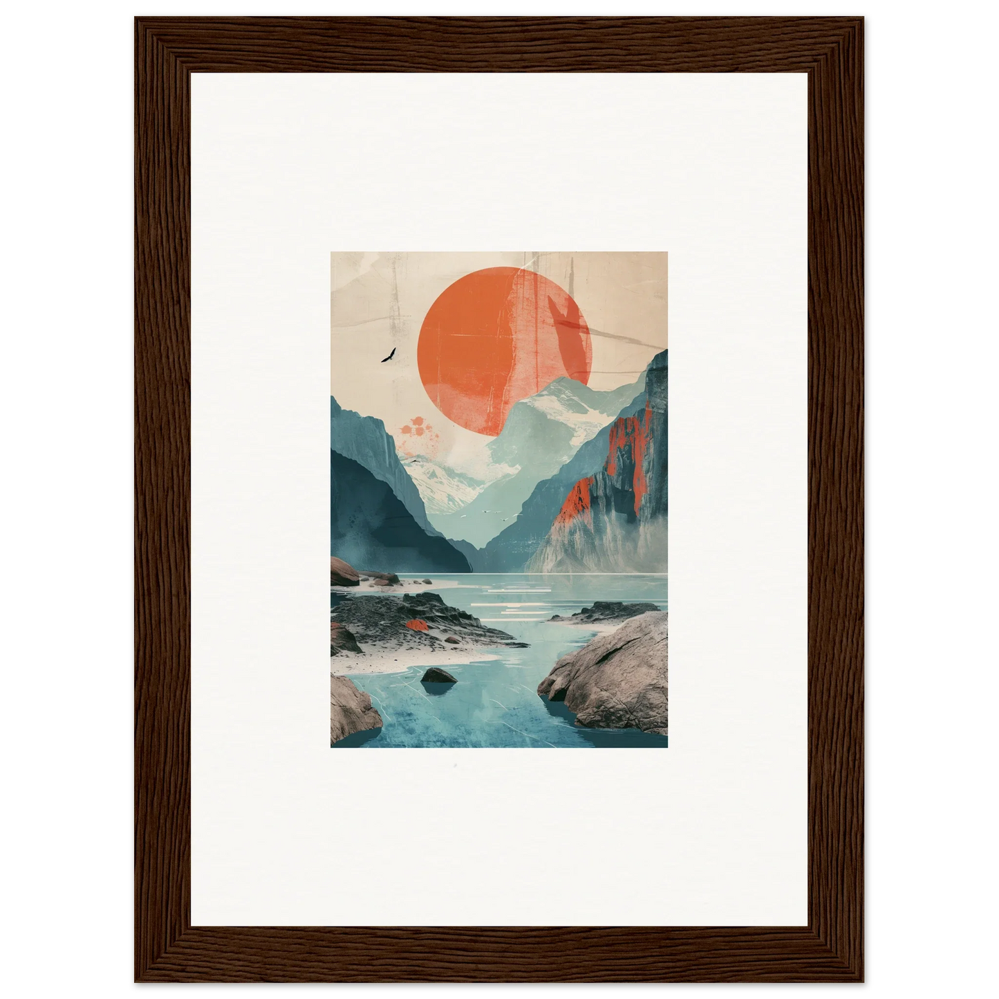 Framed wall art of a sun echoes landscape with mountains and tranquil waters