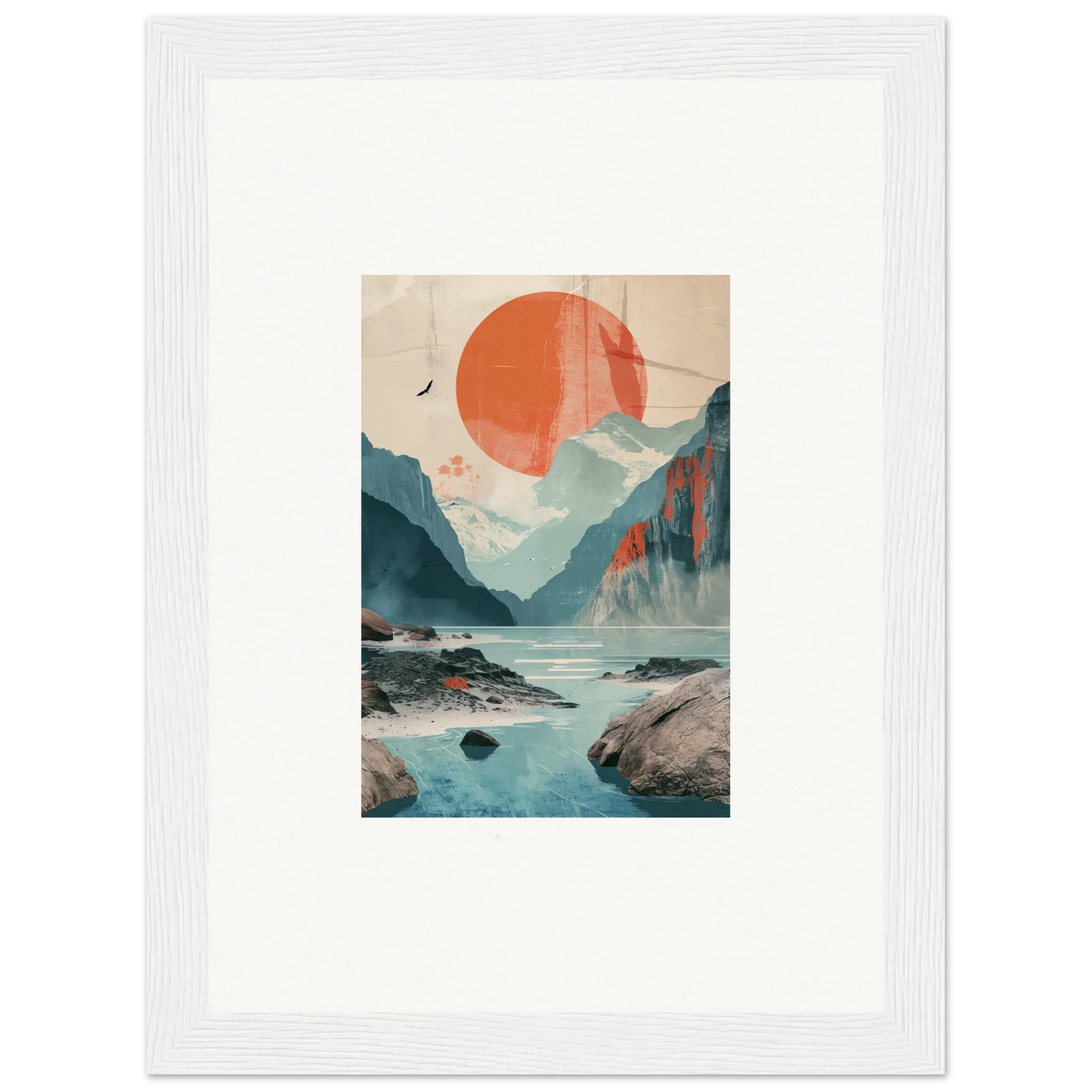 Framed wall art of a mountainous landscape with sun echoes and a vibrant orange sun