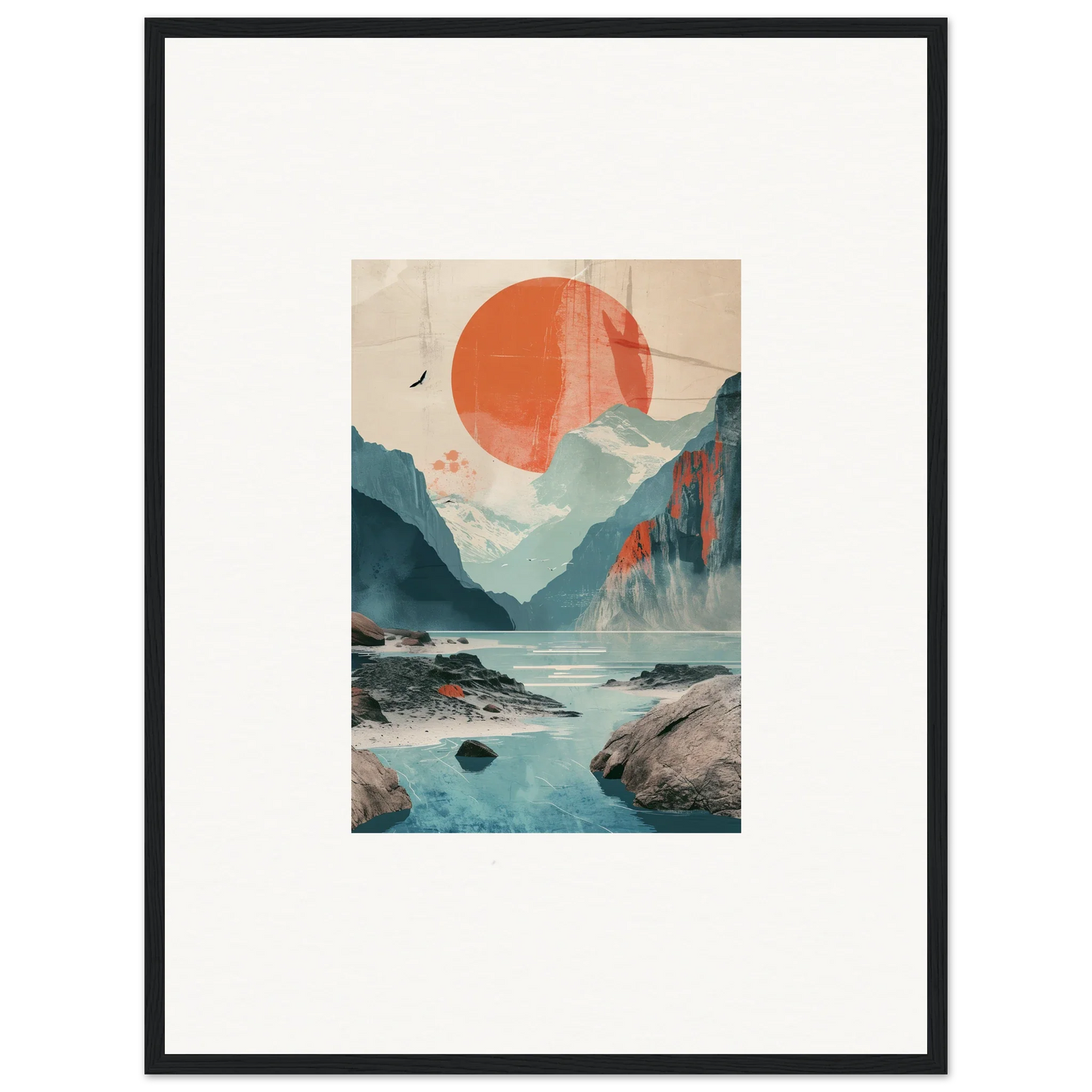 Framed wall art of sun echoes over a tranquil mountainous landscape and water