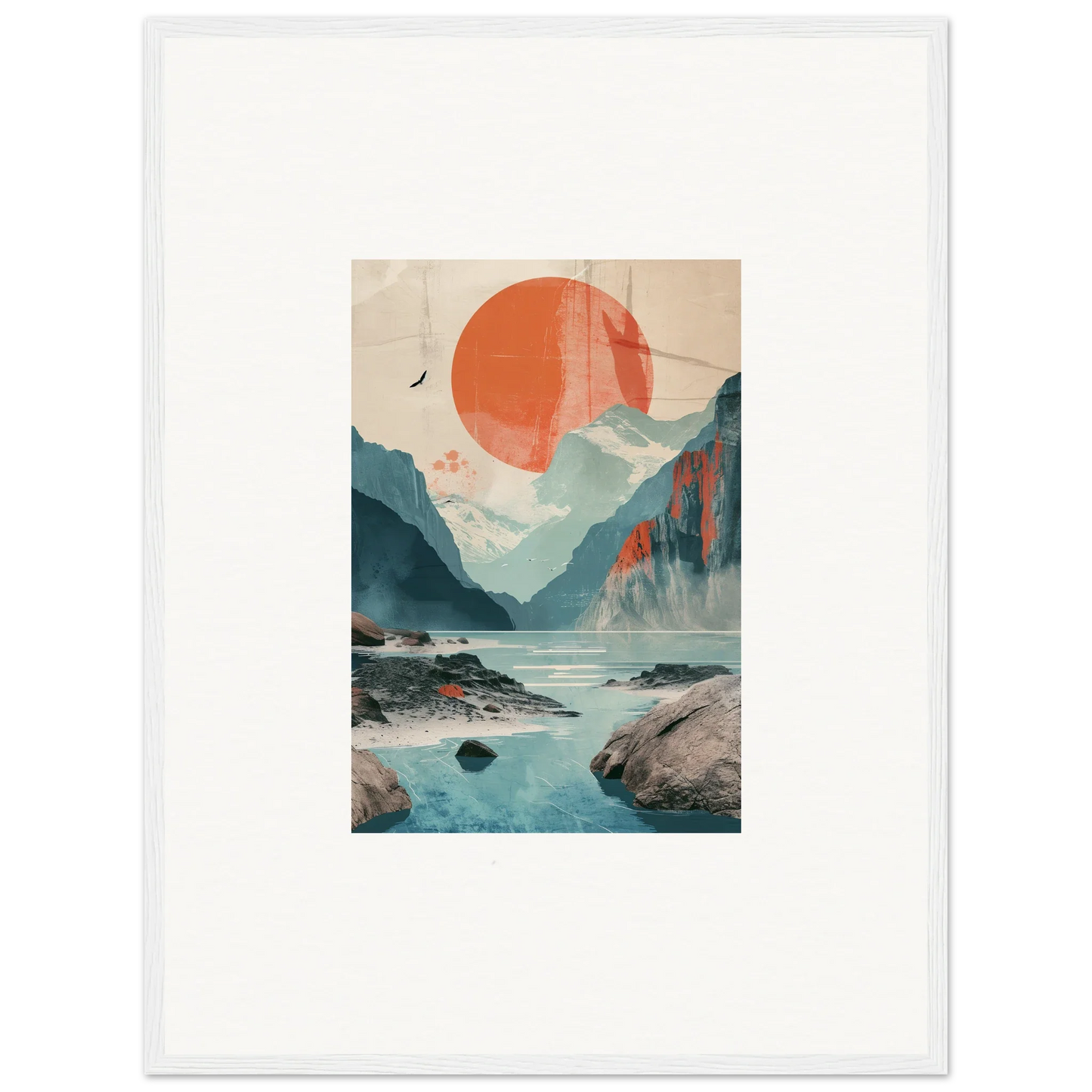 Framed wall art of Sun Echoes featuring a vibrant landscape and serene waters