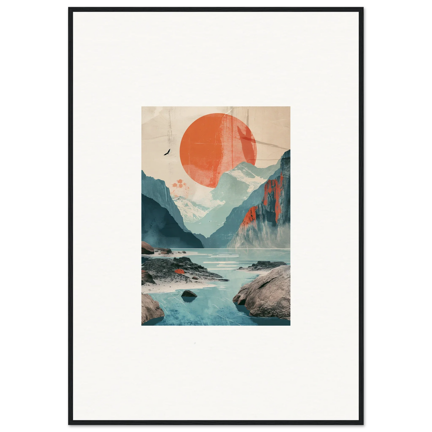 Framed wall art of a stylized mountainous landscape with sun echoes and an orange sun