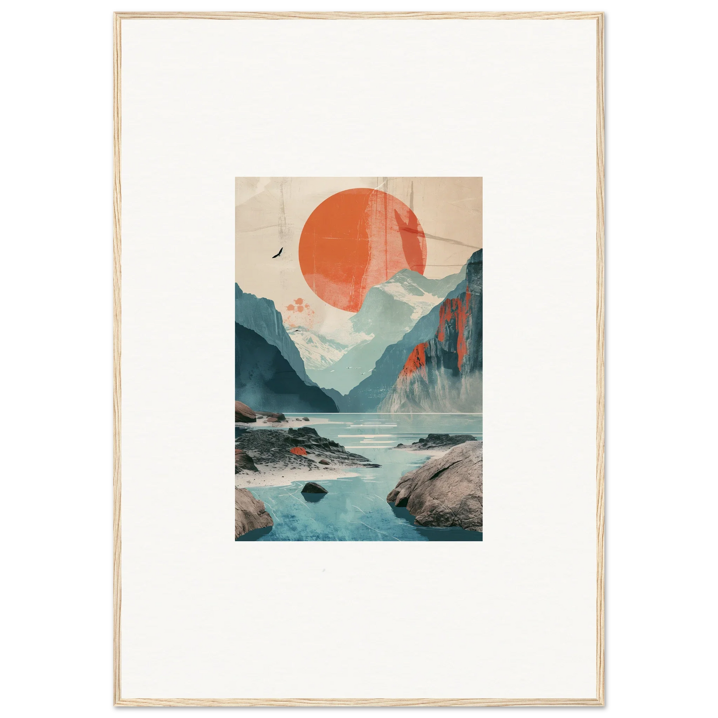 Framed wall art of sun echoes over a stylized mountainous landscape with a river