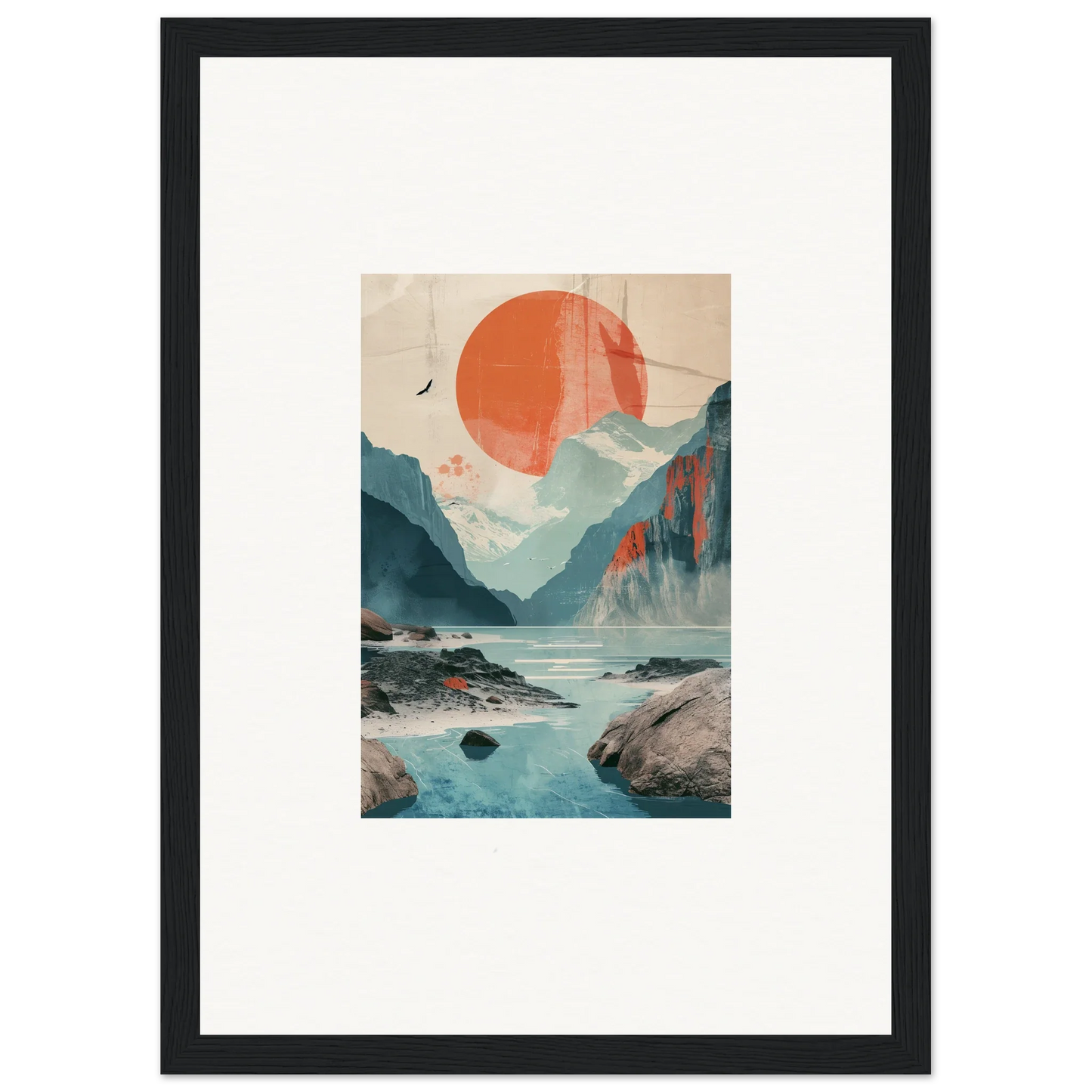 Framed wall art of Wistful Sun Echoes with mountains and a vibrant orange sun