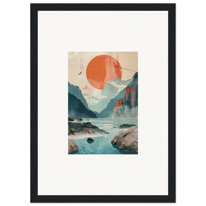 Framed wall art of Wistful Sun Echoes with mountains and a vibrant orange sun