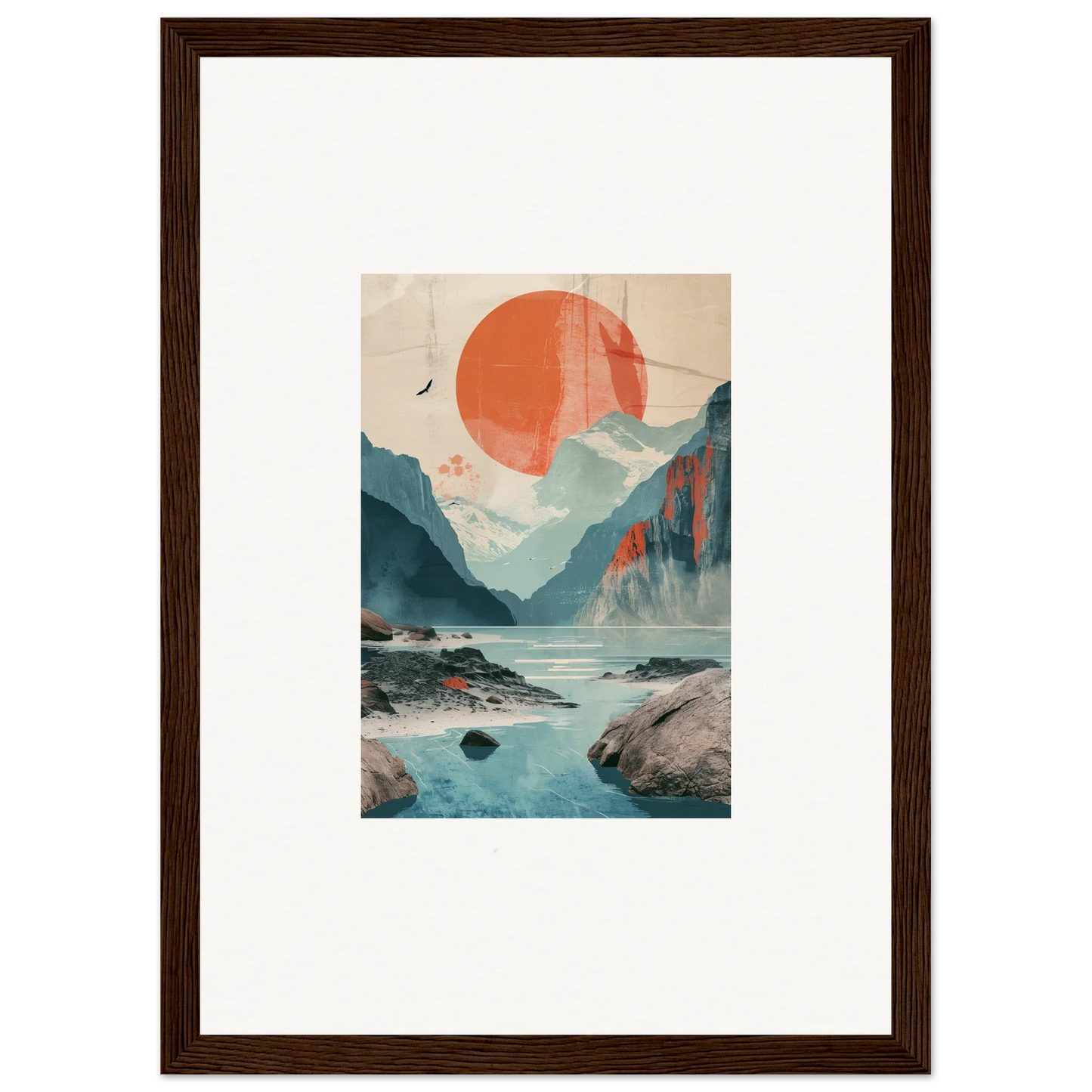 Framed wall art of a stylized mountain scene with sun echoes and a large orange sun