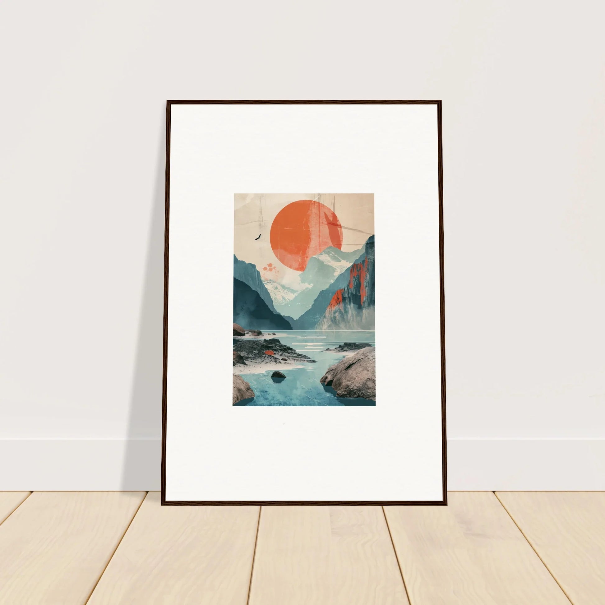 Framed wall art of a mountainous landscape with sun echoes for stylish room decor