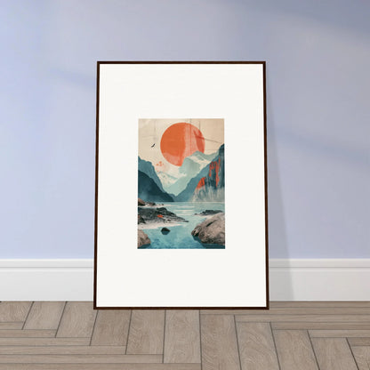 Framed wall art of a stylized mountain landscape with vibrant sun echoes for room decor