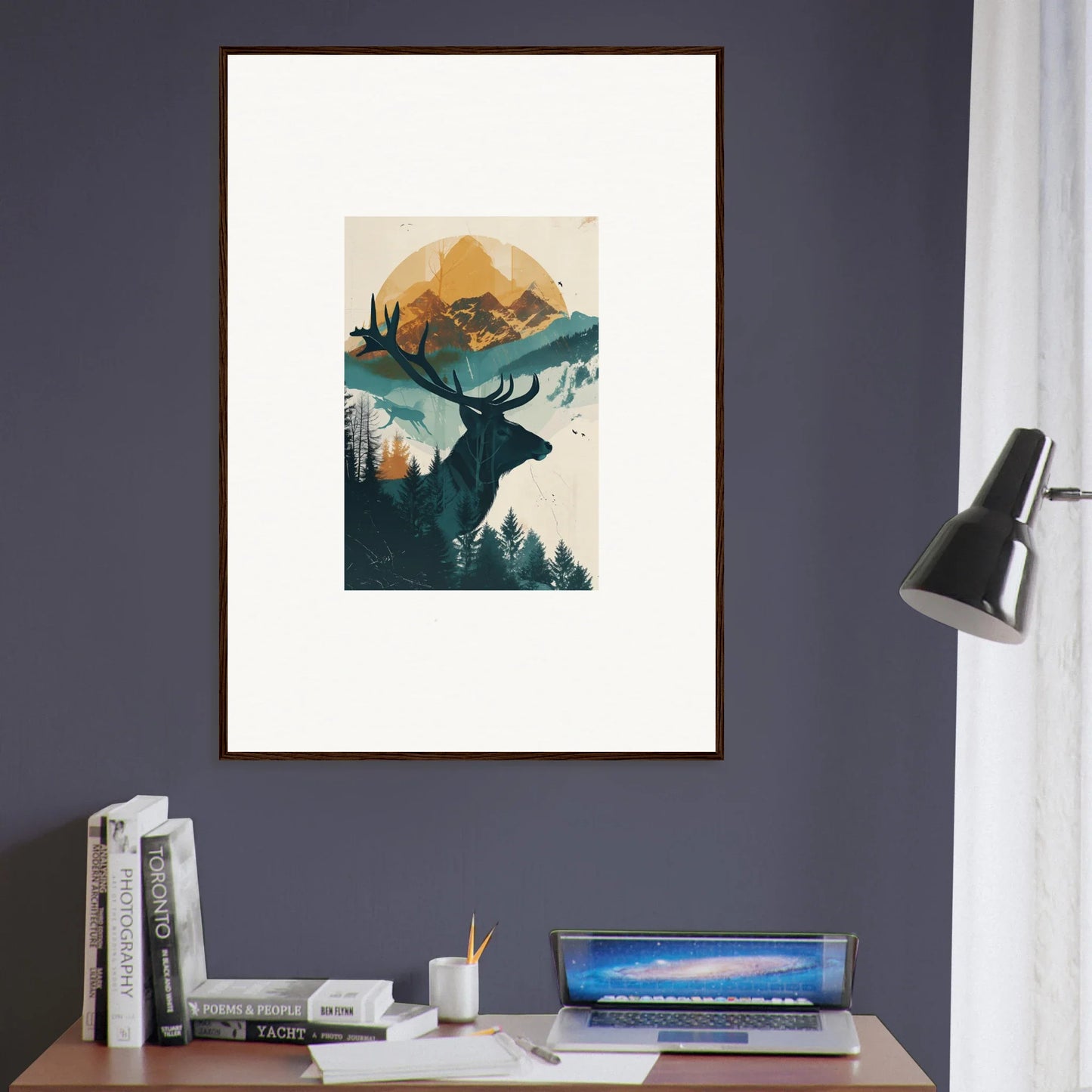 Framed wall art of a deer silhouette in a mountain scene for serene room decor