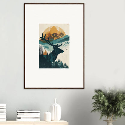 Framed wall art featuring a deer silhouette and mountains for serene room decor