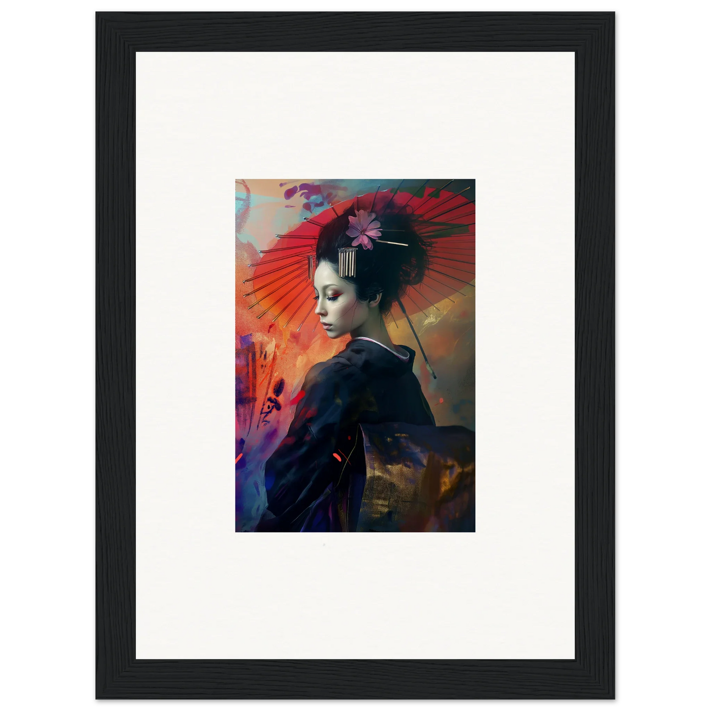 Framed wall art of a vibrant geisha portrait for a silken realm room decor