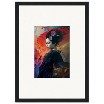 Framed wall art of a geisha in vibrant colors for stunning room decor in Silken Realm