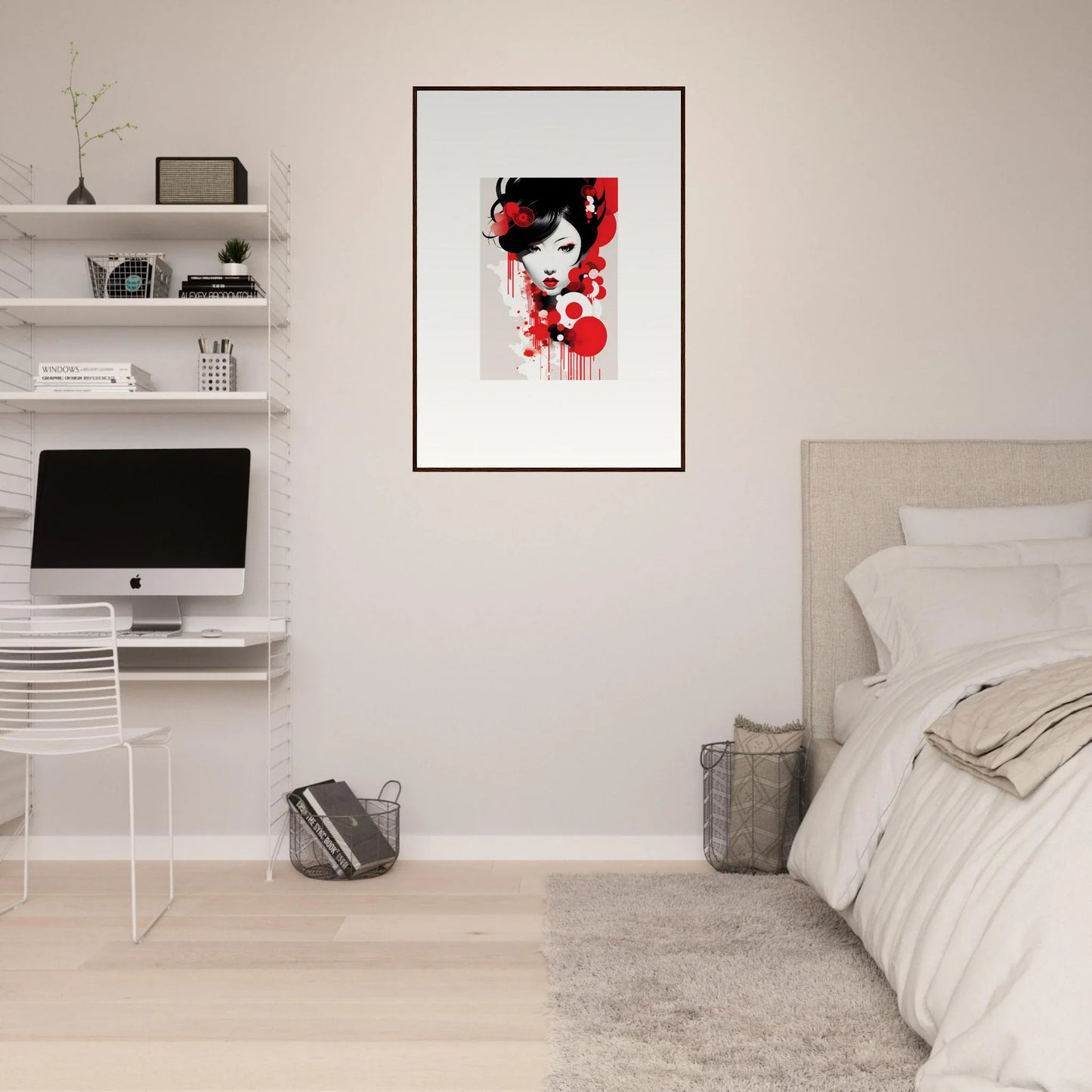 Framed wall art of a stylized portrait with red and black for Visions Blooming decor