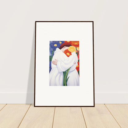 Framed wall art of a white calla lily on colorful abstract background for room decor