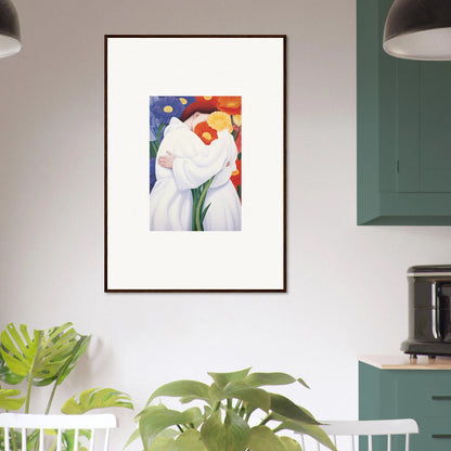 Framed wall art of a stylized white flower on a colorful background for room decor