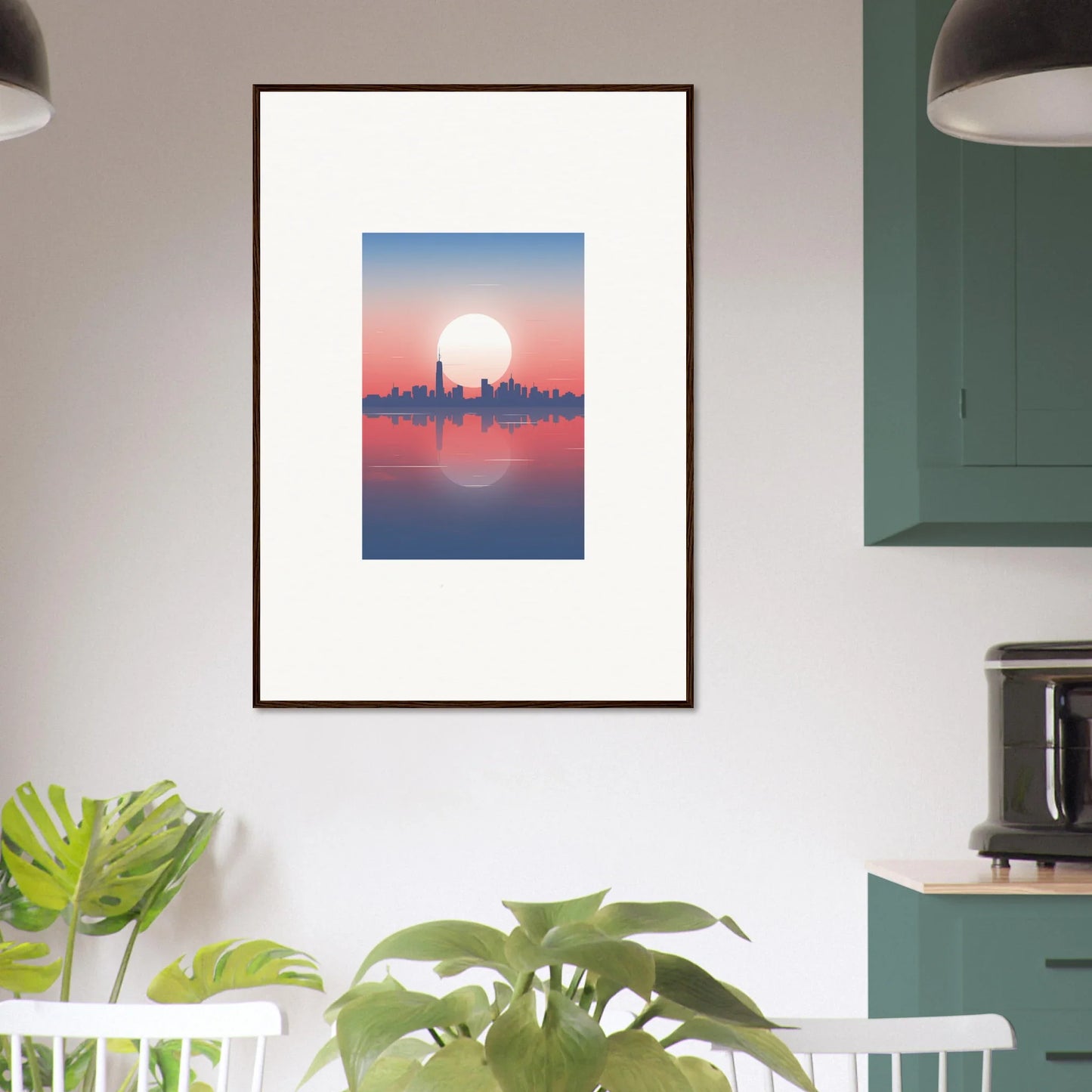 Framed wall art featuring a sunset cityscape silhouette reflection, ideal for room decor