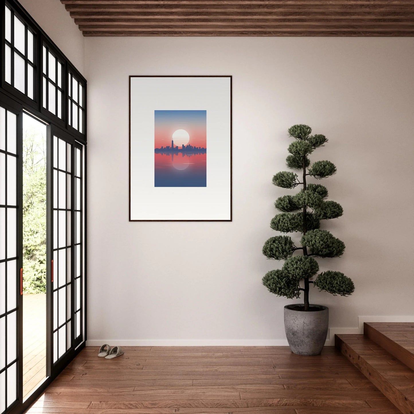 Framed wall art of a sunset cityscape silhouette for elegant room decor, Dusk Memento