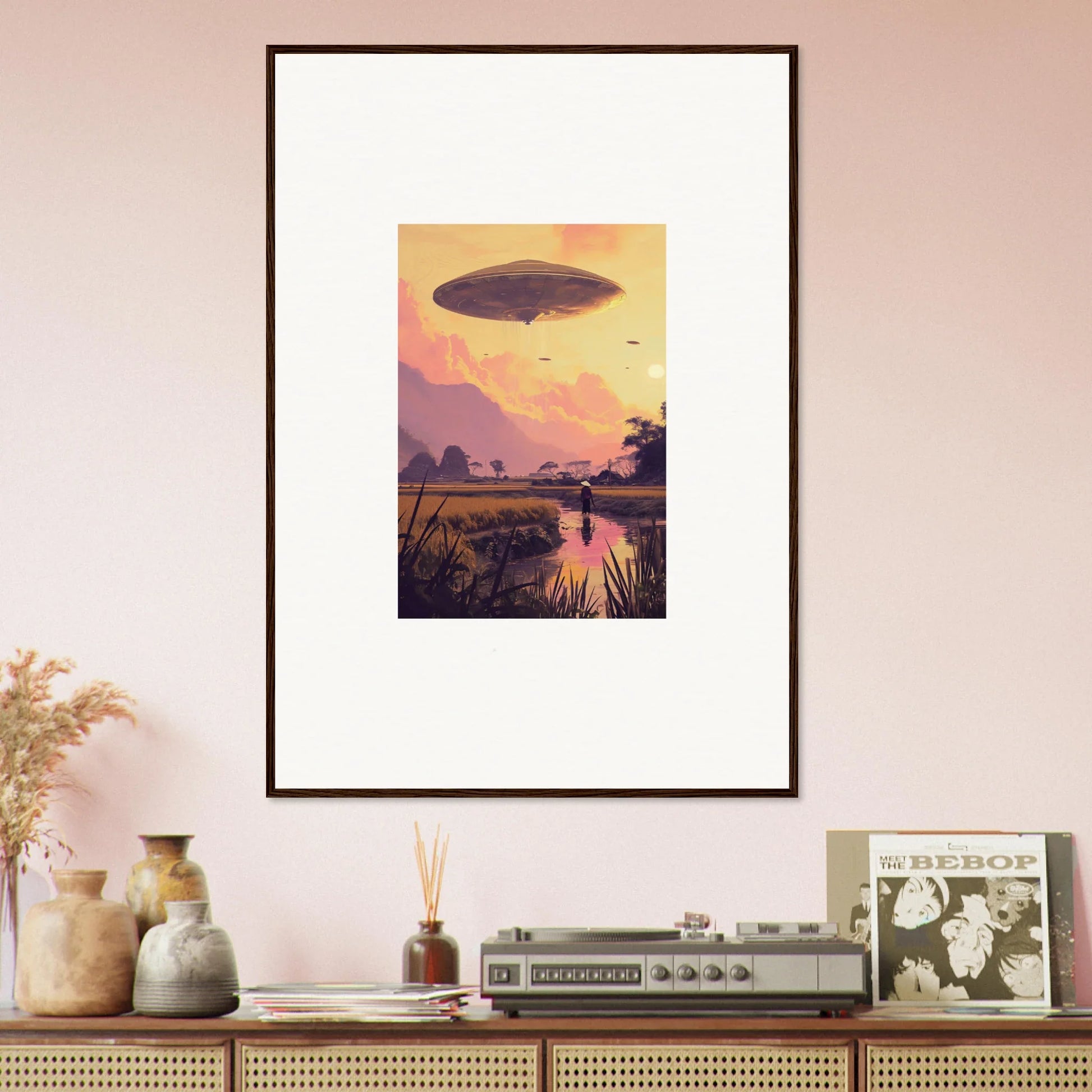 Framed wall art of a sunset landscape with an airship for unique room decor