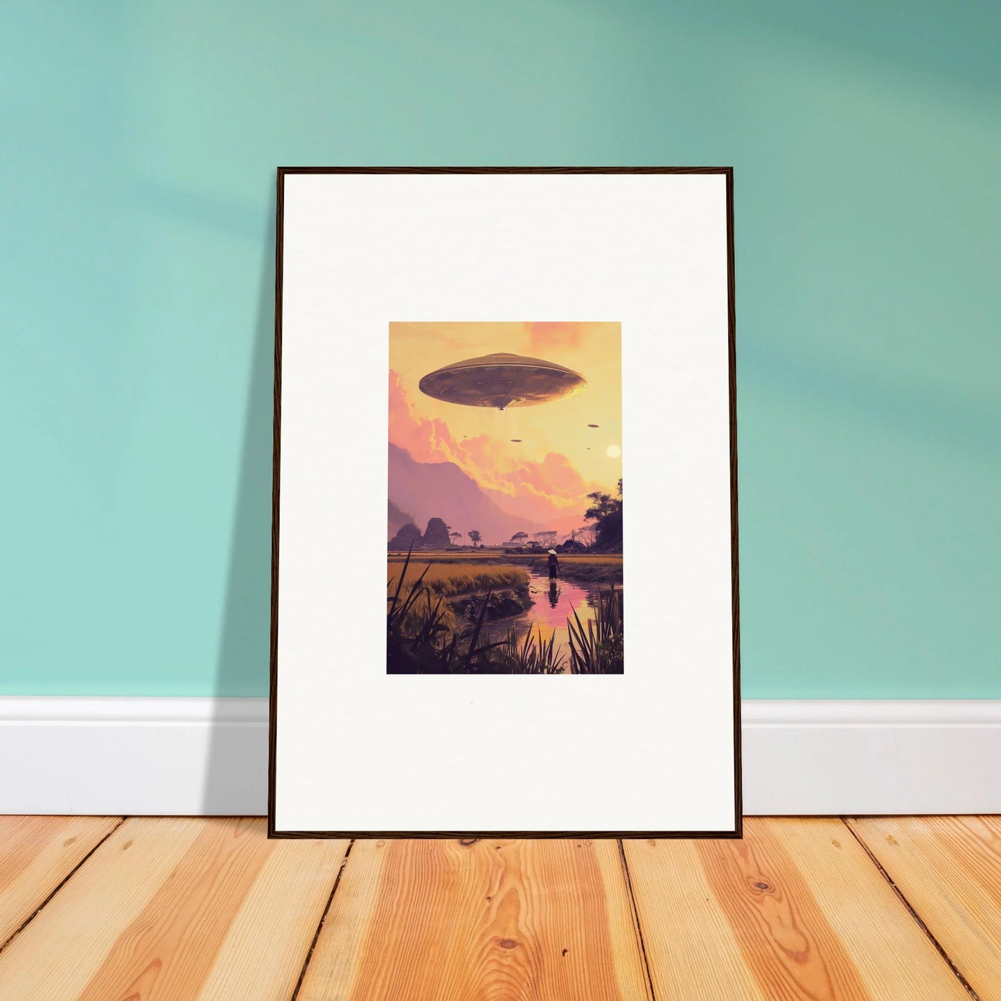 Framed wall art of a sunset landscape with a zeppelin airship for mindship landing decor