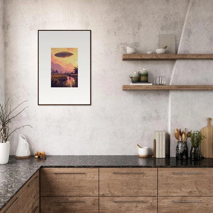 Framed wall art of sunset landscape with UFO, perfect for room decor and mindship landing theme