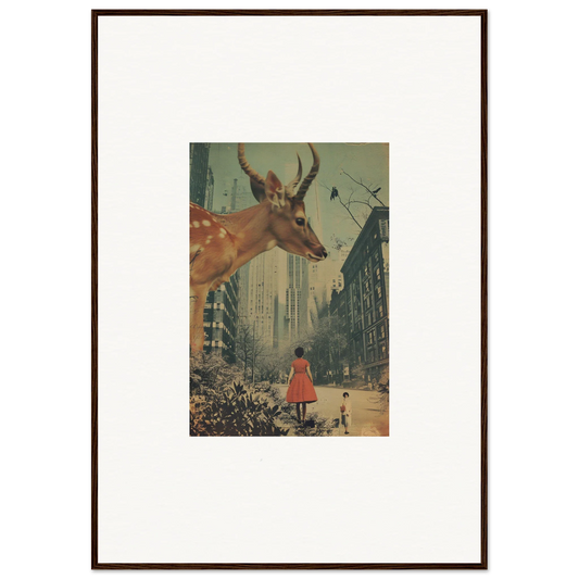 Framed wall art of a surreal deer-person collage for unique room decor at Mind Gala