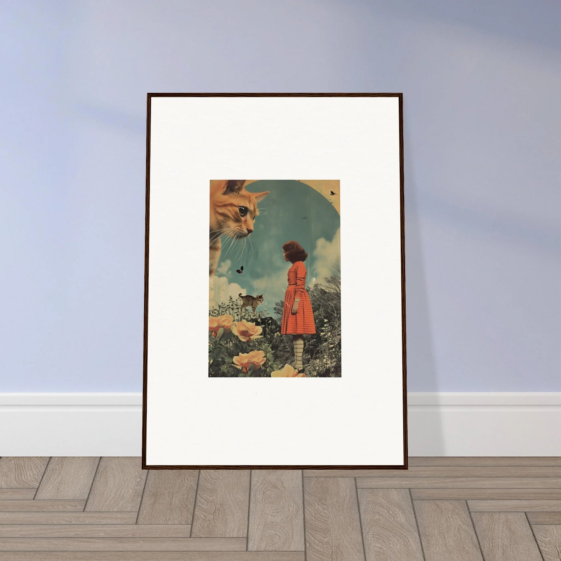 Framed wall art featuring a surreal Kern moment with a person in a red dress and flowers