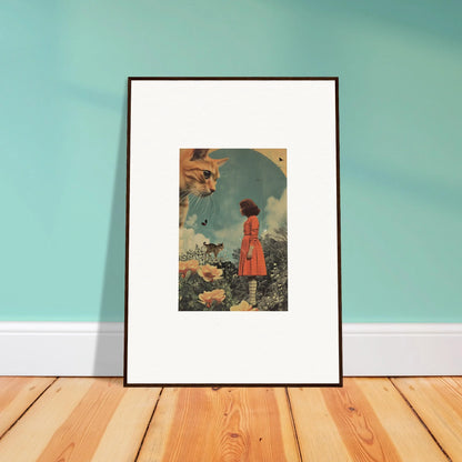 Surreal collage with figure in red dress, ideal for room decor and framed wall art