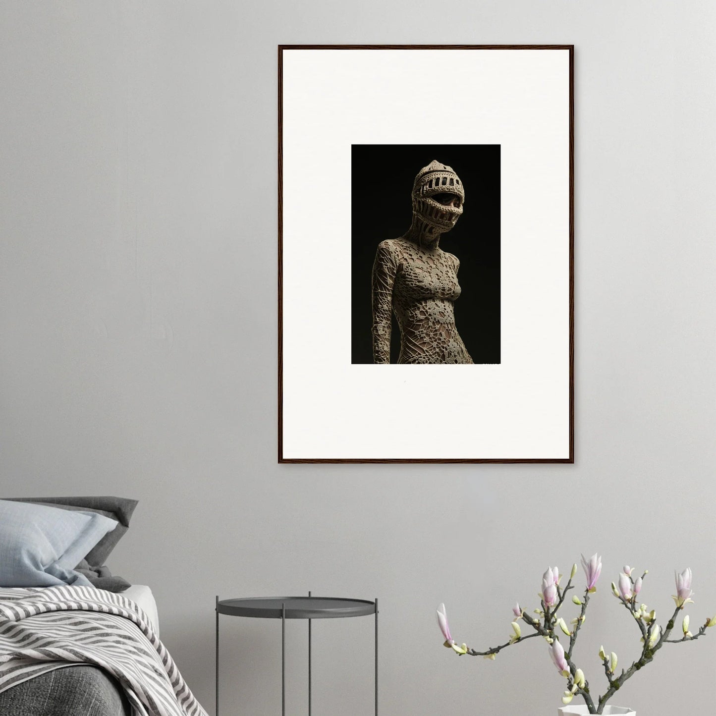 Framed wall art of a surreal humanoid figure for unique room decor