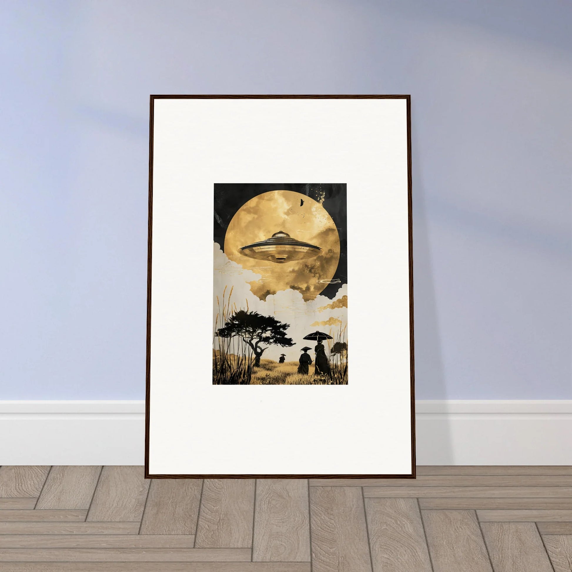 Framed wall art of a surreal landscape with UFO under a golden moon, Golden Serenade