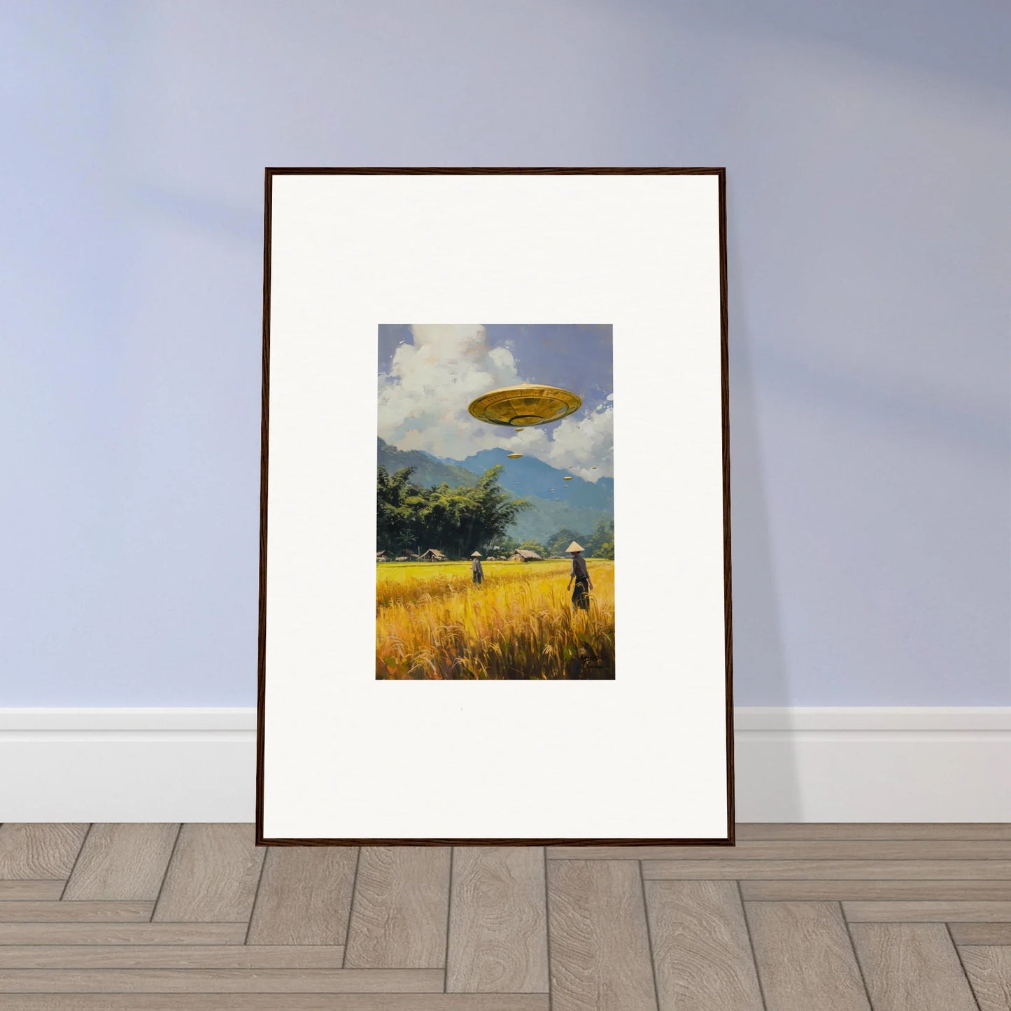 Framed wall art featuring surreal landscape and UFO, perfect for Circles Kabuki room decor