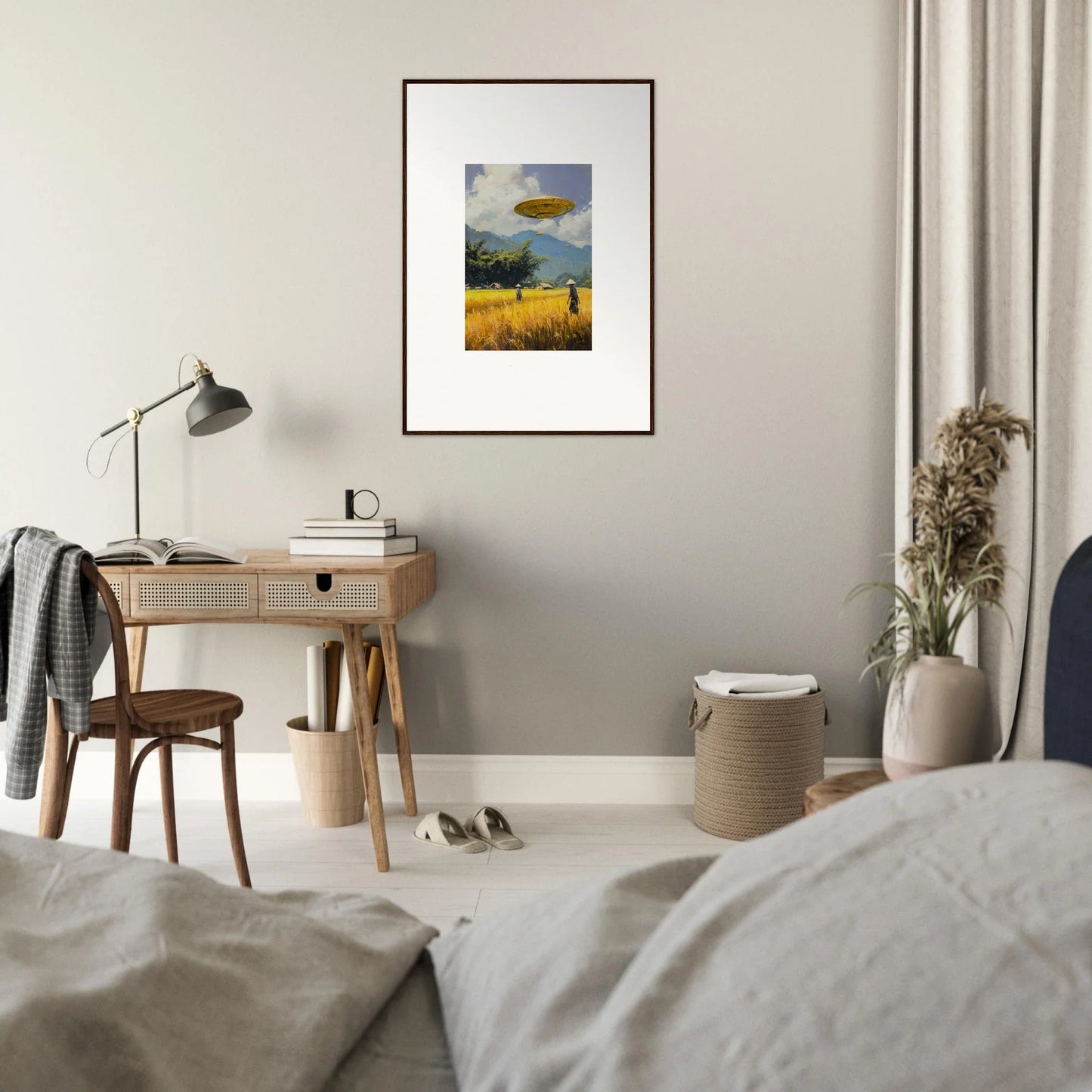 Framed wall art featuring surreal landscapes with floating fish for unique room decor