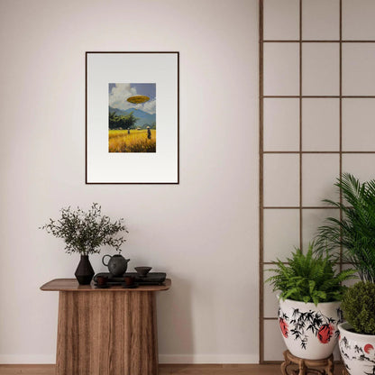 Framed wall art of a surreal landscape with floating object for unique room decor