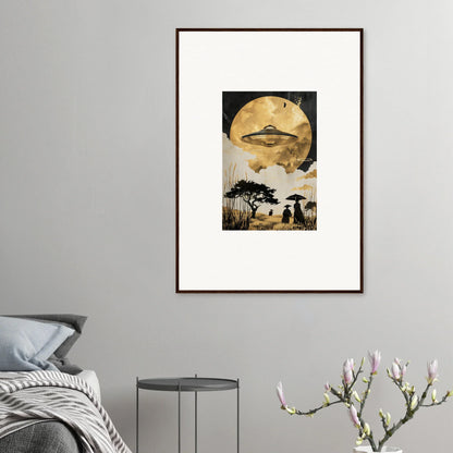 Framed wall art of a surreal landscape with UFO and silhouetted figures under a golden serenade