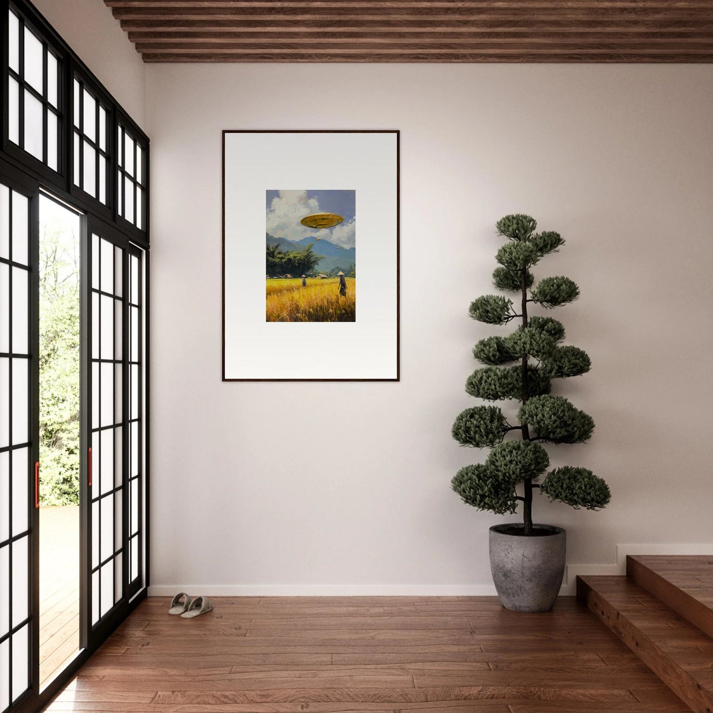 Framed wall art of a surreal landscape with circles Kabuki in vibrant room decor