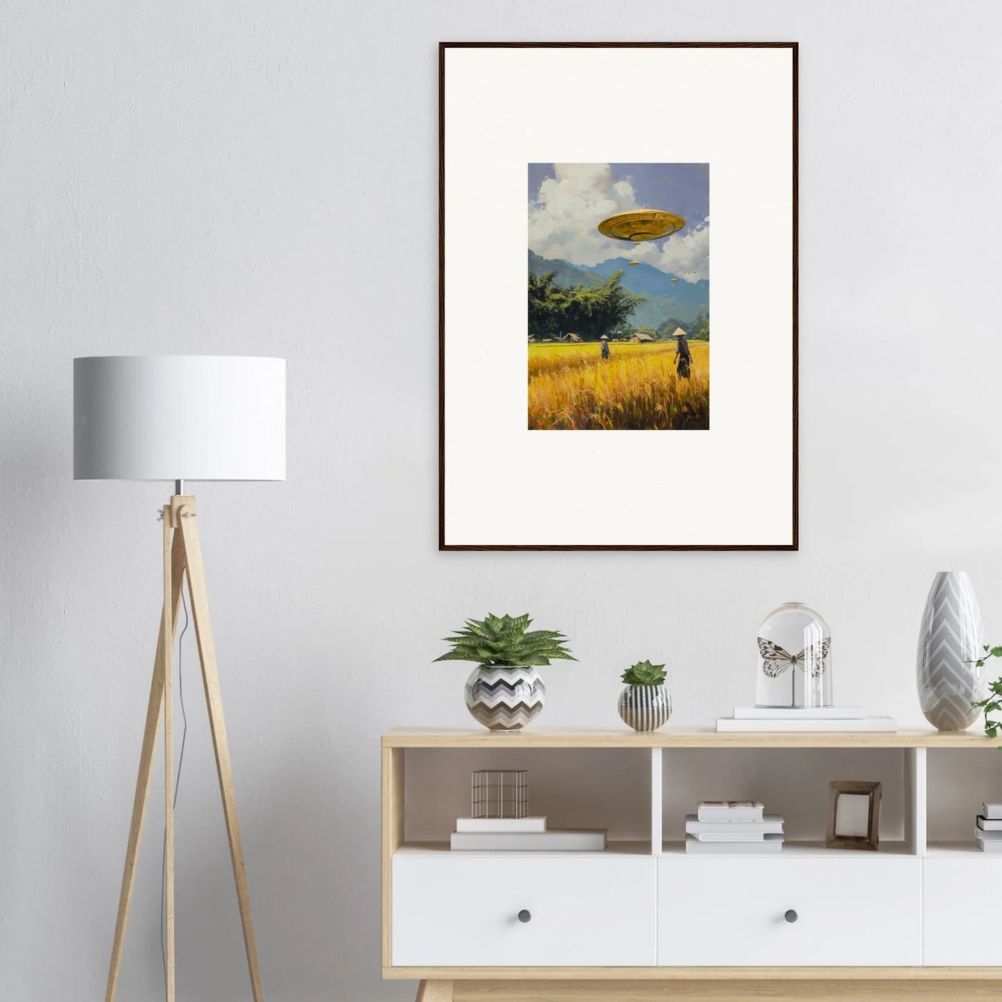 Framed wall art of surreal landscape with circles Kabuki for unique room decor