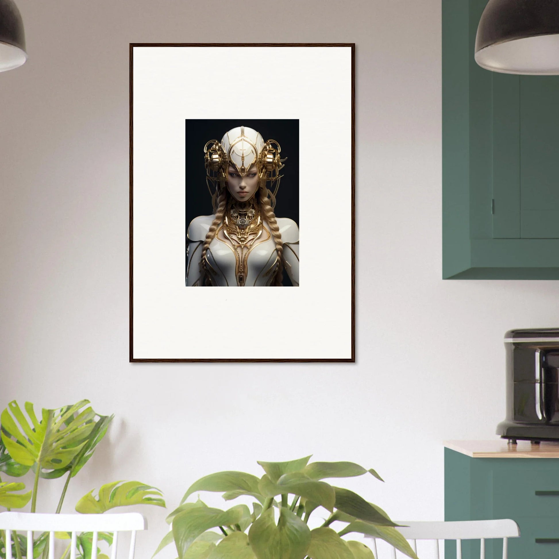 Framed wall art featuring a gilded cosmos figure with ornate headdress and jewelry