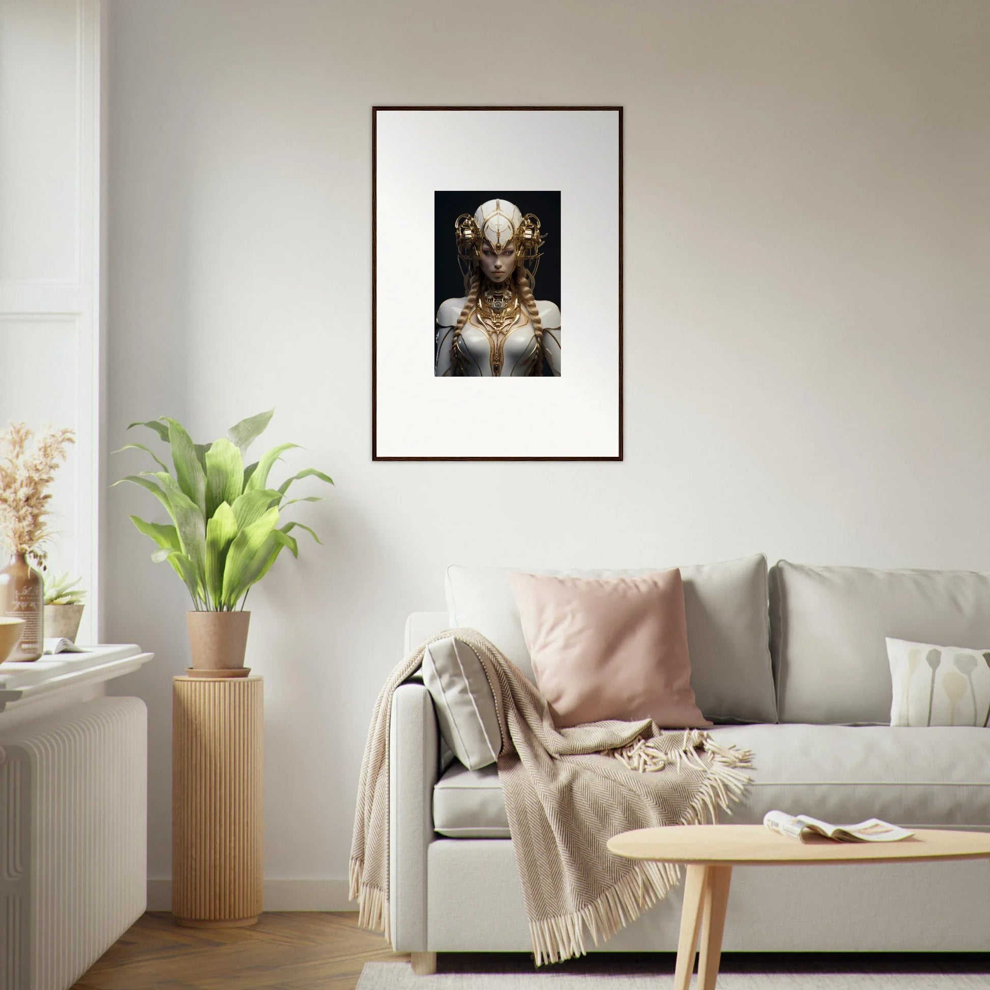 Framed wall art of a gilded cosmos figure on a dark background for stylish room decor