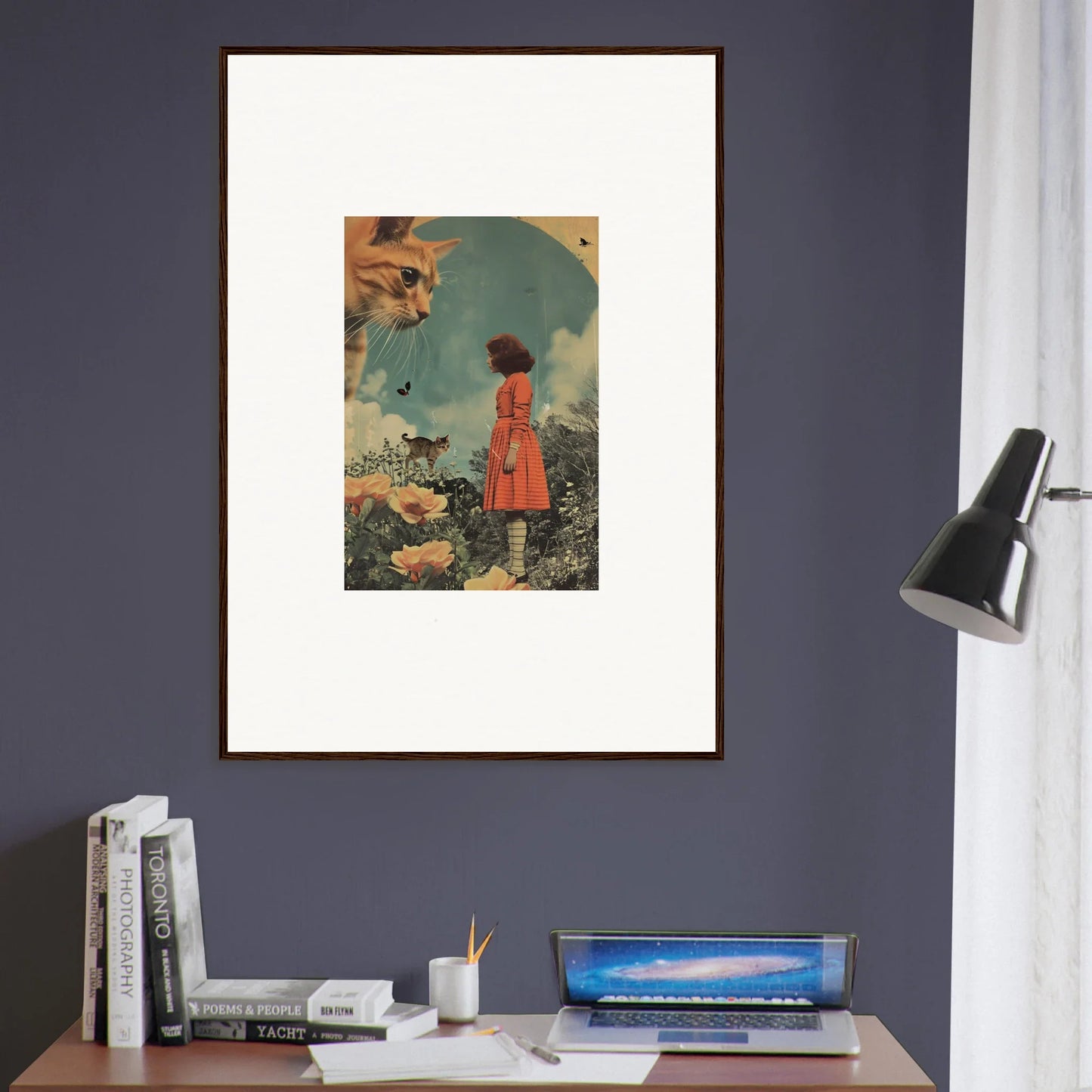 Framed wall art of a surreal scene with a person in a red dress for room decor