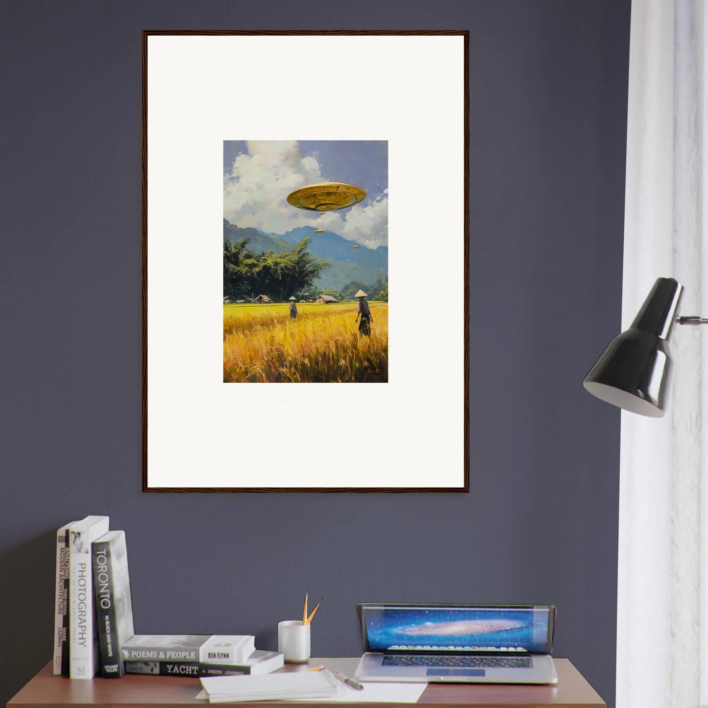 Framed wall art featuring a surreal UFO scene, perfect for Circles Kabuki room decor