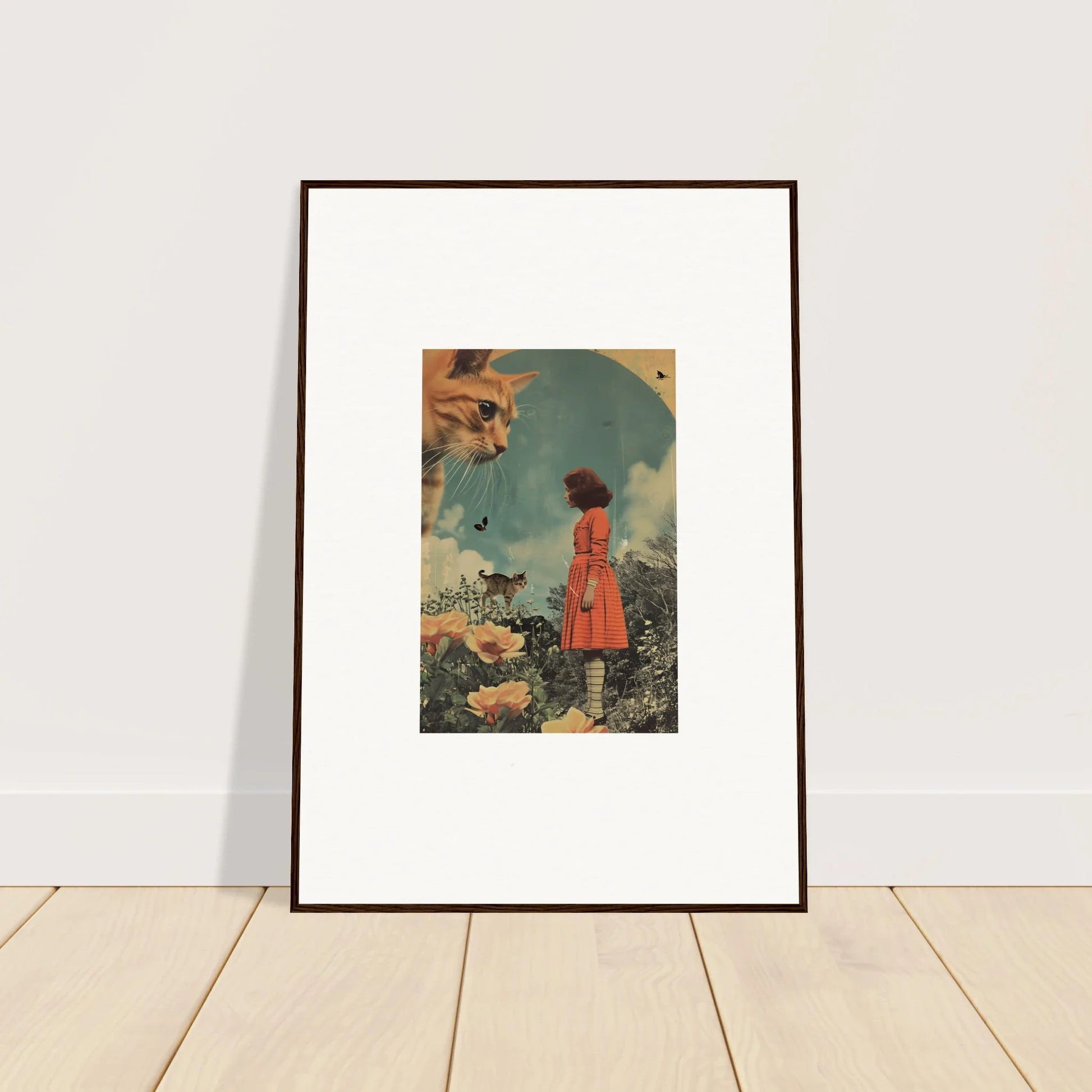 Framed wall art featuring a girl in a red dress with oversized flowers and a floating feline head